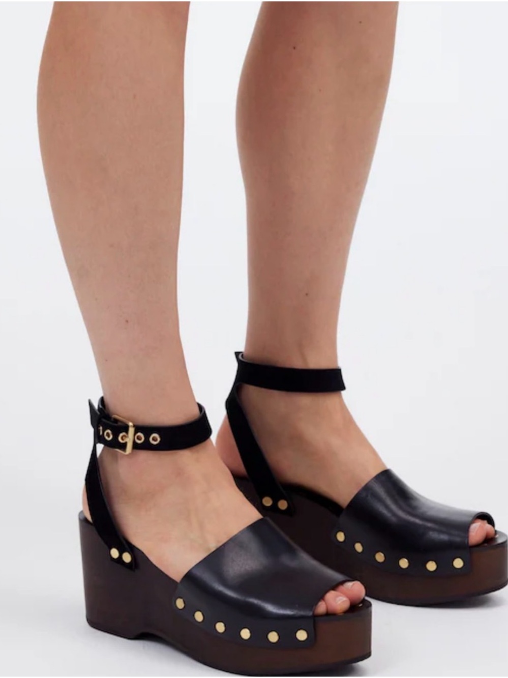 Madewell Black Leather Platform Ankle-Strap Clogs